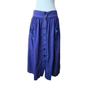 Cottage Feminine 100% Linen Button Front Midi Skirt With Apron Pockets Blue Zara